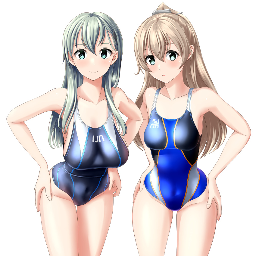 2girls absurdres blue_swimsuit clothes_writing competition_swimsuit cowboy_shot green_eyes grey_swimsuit hair_ornament hairclip hands_on_hips highres kantai_collection kumano_(kancolle) leaning_forward long_hair looking_at_viewer multicolored_clothes multicolored_swimsuit multiple_girls one-piece_swimsuit silver_hair simple_background suzuya_(kancolle) swimsuit takafumi umbrella white_background