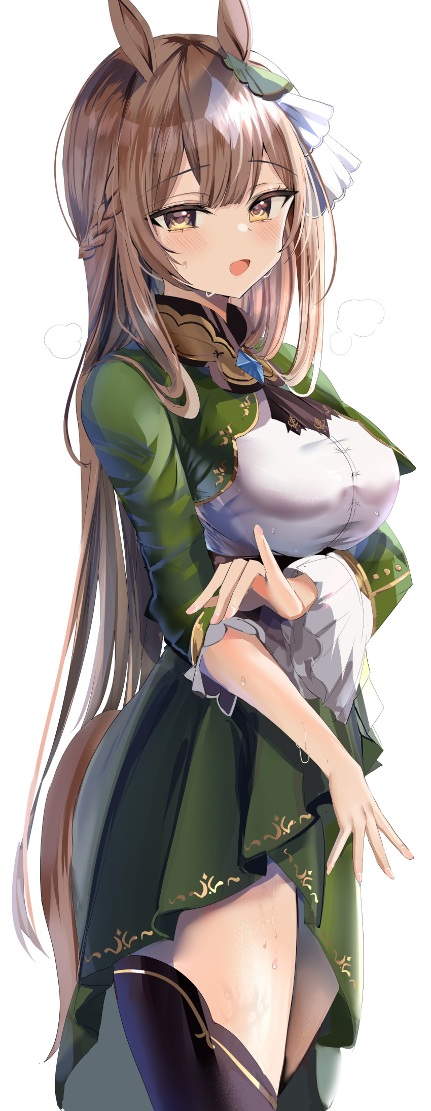 1girl absurdres animal_ears ascot bangs blush breasts brooch brown_eyes brown_hair cropped_legs ear_ornament eyebrows_visible_through_hair green_skirt hanasaka_houcha highres horse_ears horse_girl horse_tail jewelry large_breasts long_hair looking_at_viewer multicolored_hair open_mouth pleated_skirt satono_diamond_(umamusume) shirt shrug_(clothing) simple_background skirt smile solo sweat tail thigh-highs two-tone_hair umamusume white_background white_hair white_shirt