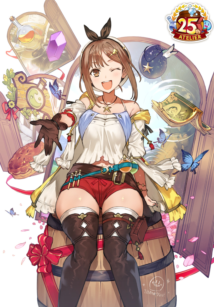1girl atelier_(series) atelier_ryza barrel belt blue_belt book breasts bridal_legwear brown_belt brown_eyes brown_gloves brown_hair bug butterfly feet_out_of_frame flask gloves highres jacket jewelry large_breasts leather leather_belt leather_gloves necklace one_eye_closed red_shorts reisalin_stout round-bottom_flask short_shorts shorts single_glove solo star_(symbol) star_necklace thick_thighs thigh_pouch thighs toridamono vial yellow_jacket
