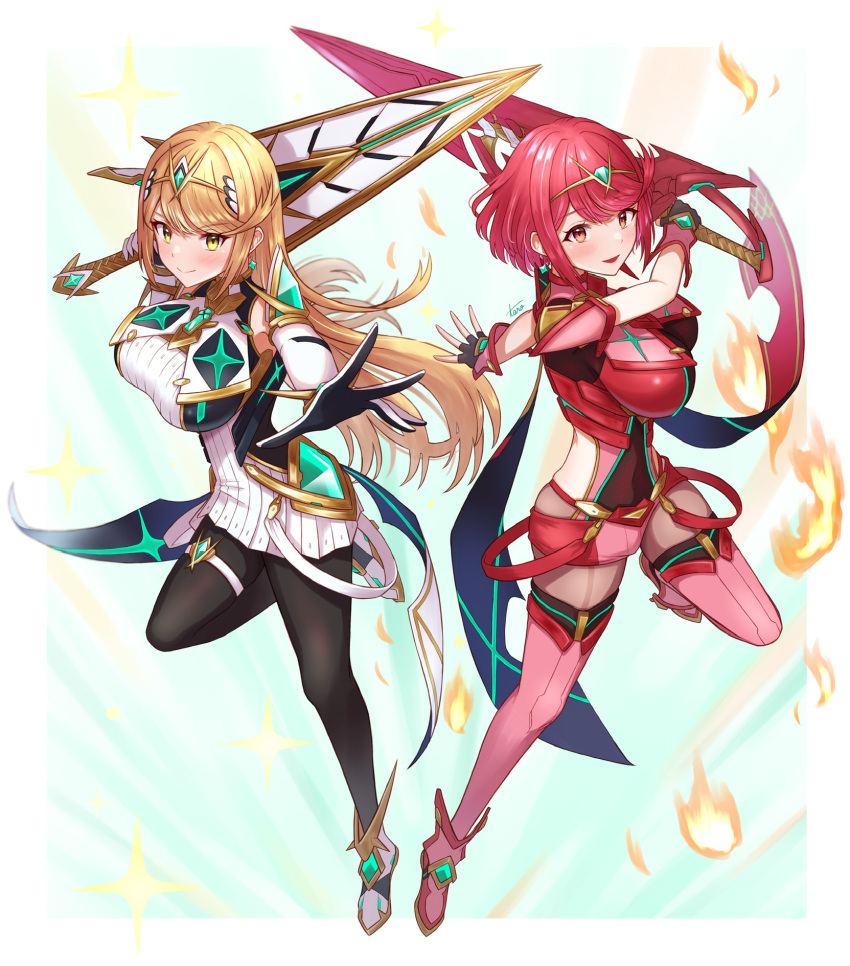 2girls aegis_sword_(xenoblade) bangs black_gloves blonde_hair breasts chest_jewel dress earrings fingerless_gloves gem gloves headpiece highres jewelry large_breasts long_hair multiple_girls mythra_(xenoblade) pyra_(xenoblade) red_eyes red_legwear red_shorts redhead short_dress short_hair short_shorts shorts super_smash_bros. swept_bangs sword taro_(peach_taro51) thigh-highs tiara very_long_hair weapon white_dress xenoblade_chronicles_(series) xenoblade_chronicles_2 yellow_eyes