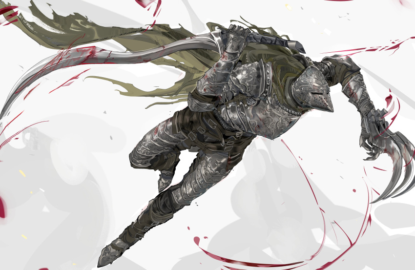1other absurdres ambiguous_gender armor blood bloodhound_knight boots breastplate cape claw_(weapon) elden_ring full_armor gauntlets greaves green_cape helmet highres holding holding_sword holding_weapon jumping knight nslacka sword torn_cape torn_clothes weapon