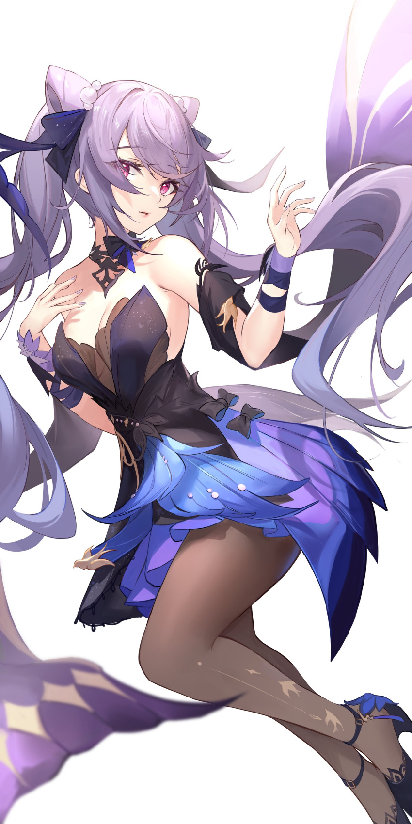 1girl absurdres bare_shoulders black_dress bow breasts brown_legwear detached_collar detached_sleeves dress floating_hair genshin_impact hair_bow hair_cones hand_up high_heels highres keqing_(genshin_impact) keqing_(opulent_splendor)_(genshin_impact) long_hair looking_at_viewer medium_breasts official_alternate_costume pantyhose pdxen pink_eyes purple_hair short_dress solo strapless strapless_dress twintails