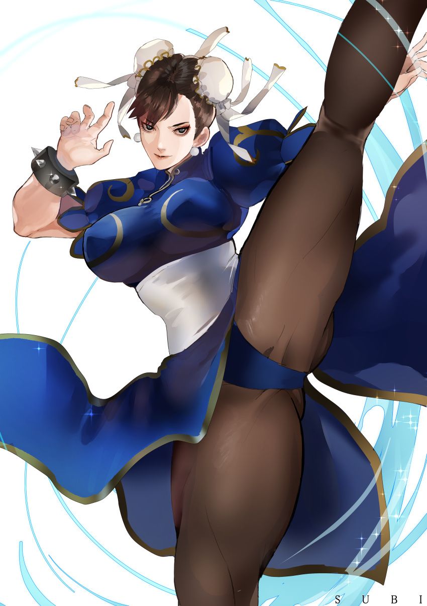 1girl absurdres bangs bracelet breasts brown_hair bun_cover china_dress chinese_clothes chun-li closed_mouth commentary_request double_bun dress earrings fingernails gold_trim hair_ornament highres jewelry kicking leg_up leotard leotard_under_clothes lips looking_at_viewer medium_breasts pelvic_curtain puffy_short_sleeves puffy_sleeves short_sleeves simple_background solo spiked_bracelet spikes street_fighter street_fighter_ii_(series) yukimura821