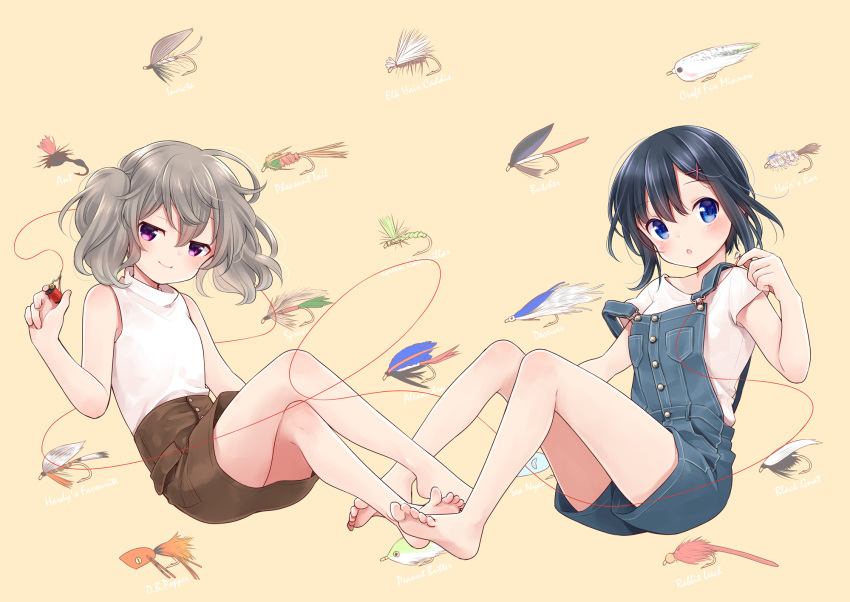 2girls :o ahoge arm_at_side bare_arms bare_legs bare_shoulders barefoot beige_background black_hair blue_eyes blue_overalls blush breast_pocket brown_skirt c: casual closed_mouth crossed_legs denim dot_nose english_text eyebrows_visible_through_hair eyes_visible_through_hair feet fishing_hook fishing_lure floating_hair from_side grey_hair hair_between_eyes hair_ornament hand_up high-waist_skirt high_collar highres holding holding_string hook invisible_chair jitome knees_together_feet_apart knees_up legs looking_at_viewer looking_to_the_side medium_hair minagi_hiyori miniskirt multiple_girls off_shoulder official_art overall_shorts overalls parted_lips pocket shirt shirt_tucked_in short_hair short_sleeves sitting skirt sleeveless sleeveless_turtleneck slow_loop smile soles spool strap_slip string t-shirt thighs thread toes turtleneck twintails uchino_maiko upshorts upskirt violet_eyes wavy_hair white_shirt x_hair_ornament yoshinaga_koi