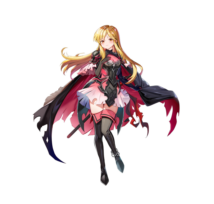 1girl absurdres alternate_costume armor bangs black_footwear black_gloves blonde_hair blush boots breasts brown_eyes cape cleavage_cutout closed_mouth clothing_cutout commentary_request elbow_gloves fire_emblem fire_emblem:_genealogy_of_the_holy_war fire_emblem_heroes full_body gloves gradient gradient_clothes hand_on_own_chest highres lachesis_(fire_emblem) long_hair looking_at_viewer medium_breasts official_art satoupote sheath sheathed shiny shiny_hair shoulder_armor simple_background smile sword thigh-highs thigh_boots torn_cape torn_clothes weapon white_background zettai_ryouiki