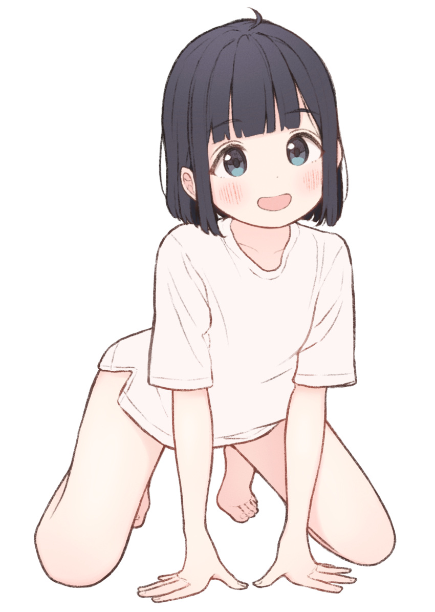 1girl 1ssakawaguchi :d absurdres ahoge arm_support bangs bare_legs barefoot black_hair blue_eyes blunt_bangs blunt_ends blush bob_cut collarbone dot_nose eyebrows_visible_through_hair full_body hands_on_ground highres kneeling leaning_forward looking_at_viewer no_pants open_mouth original shirt short_hair short_sleeves simple_background smile solo spread_legs straight_hair t-shirt tareme tiptoes toes white_background white_shirt