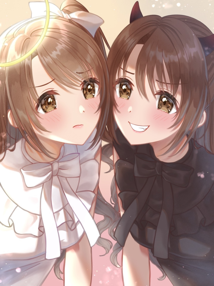 2girls angel_and_devil ayananana_(ayana34806782) black_dress blush brown_hair contrast demon_horns dress dual_persona facing_another grin halo highres horns idolmaster idolmaster_cinderella_girls multiple_girls one_side_up shimamura_uzuki smile upper_body wavy_hair white_dress