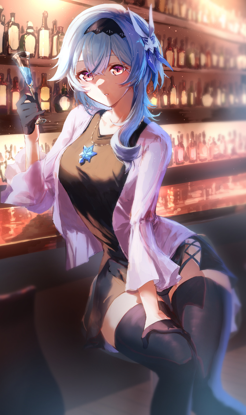 1girl absurdres alcohol alternate_costume bangs bar_stool black_dress black_gloves black_legwear blue_hair breasts collarbone crossed_bangs cup dentaku_music dress eula_(genshin_impact) genshin_impact gloves hair_between_eyes half_gloves highres holding holding_cup jacket jewelry large_breasts long_hair looking_at_viewer necklace parted_lips pendant sitting solo stool thigh-highs violet_eyes