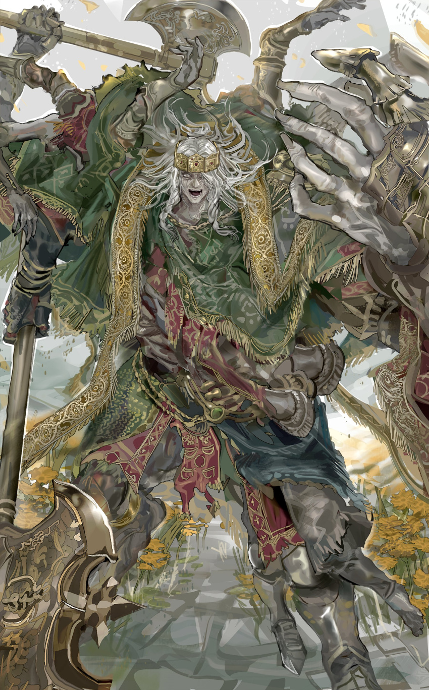1boy :d absurdres axe boots cape claw_ring commentary crown dual_wielding elden_ring english_commentary extra_arms extra_legs gauntlets godrick_the_grafted green_cape grey_hair highres holding holding_axe holding_weapon long_hair looking_at_viewer male_focus nslacka robe smile solo weapon