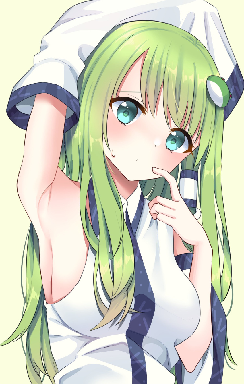 1girl arm_up armpits bangs bare_shoulders blue_eyes blush breasts closed_mouth collared_shirt commentary_request detached_sleeves eyebrows_visible_through_hair eyelashes frog_hair_ornament green_hair hair_between_eyes hair_ornament hair_tubes hands_up highres kochiya_sanae long_hair long_sleeves looking_at_viewer medium_breasts shirt simple_background snake_hair_ornament solo stigma1101 touhou upper_body white_shirt wide_sleeves yellow_background