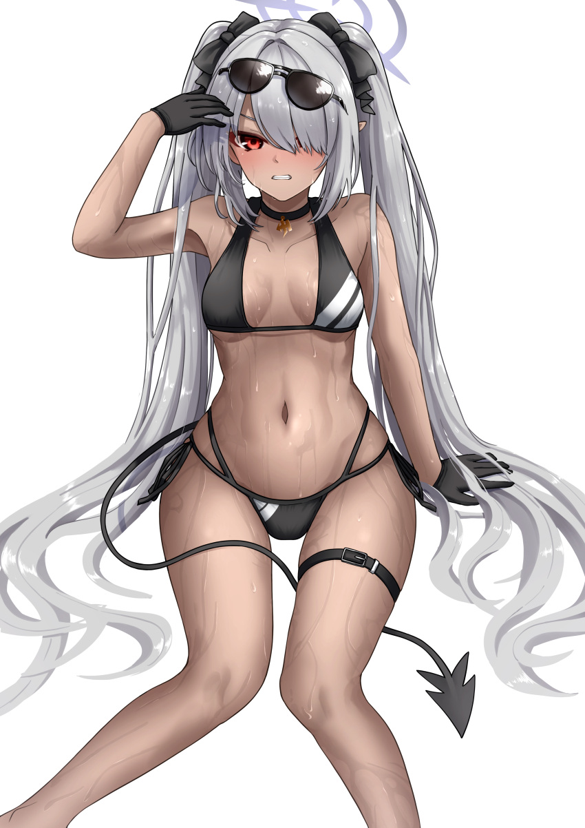 1girl absurdres asahina_tou bangs bikini black_bikini black_choker black_gloves black_ribbon blue_archive blue_sky breasts choker clenched_teeth collarbone dark-skinned_female dark_skin demon_horns demon_tail eyewear_on_head gloves hair_over_one_eye halo hand_up highres horns invisible_chair iori_(blue_archive) long_hair looking_at_viewer navel parted_lips pointy_ears red_eyes ribbon side-tie_bikini silver_hair sitting sky small_breasts solo sunglasses swimsuit tail teeth thigh_strap twintails wet white_background