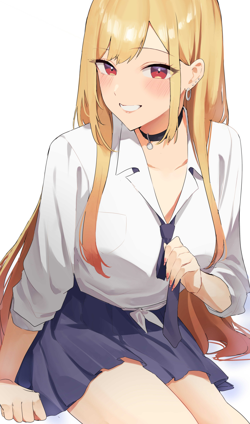 1girl absurdres bangs blonde_hair blush breasts collared_shirt dress_shirt ear_piercing earrings grin highres jewelry kitagawa_marin large_breasts long_hair long_sleeves looking_at_viewer necktie piercing pleated_skirt red_eyes rororo shirt sitting skirt sleeves_rolled_up smile solo sono_bisque_doll_wa_koi_wo_suru thighs white_shirt