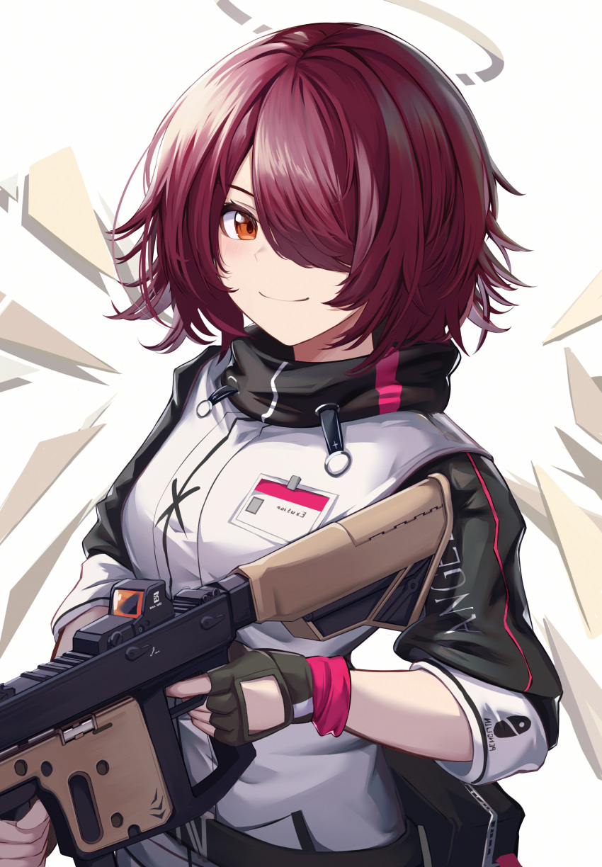 1girl absurdres arknights belt belt_pouch black_gloves blush closed_mouth clothes_writing detached_wings energy_wings exusiai_(arknights) eyebrows_visible_through_hair fingerless_gloves gloves gun hair_over_one_eye halo highres holding holding_gun holding_weapon id_card jacket long_sleeves looking_at_viewer orange_eyes portrait pouch purple_hair shiki44boku short_hair simple_background smile smug solo upper_body v-shaped_eyebrows weapon white_background white_jacket wings