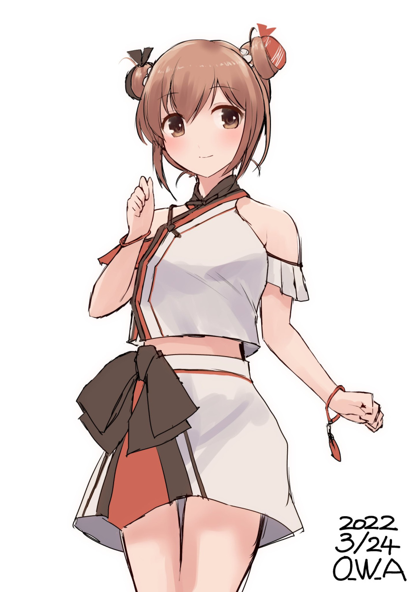 1girl artist_name brown_eyes brown_hair cowboy_shot dated double_bun highres kantai_collection midriff official_alternate_costume owa_(ishtail) shirt short_hair simple_background skirt solo standing tan_yang_(kancolle) white_background white_shirt white_skirt yukikaze_(kancolle)