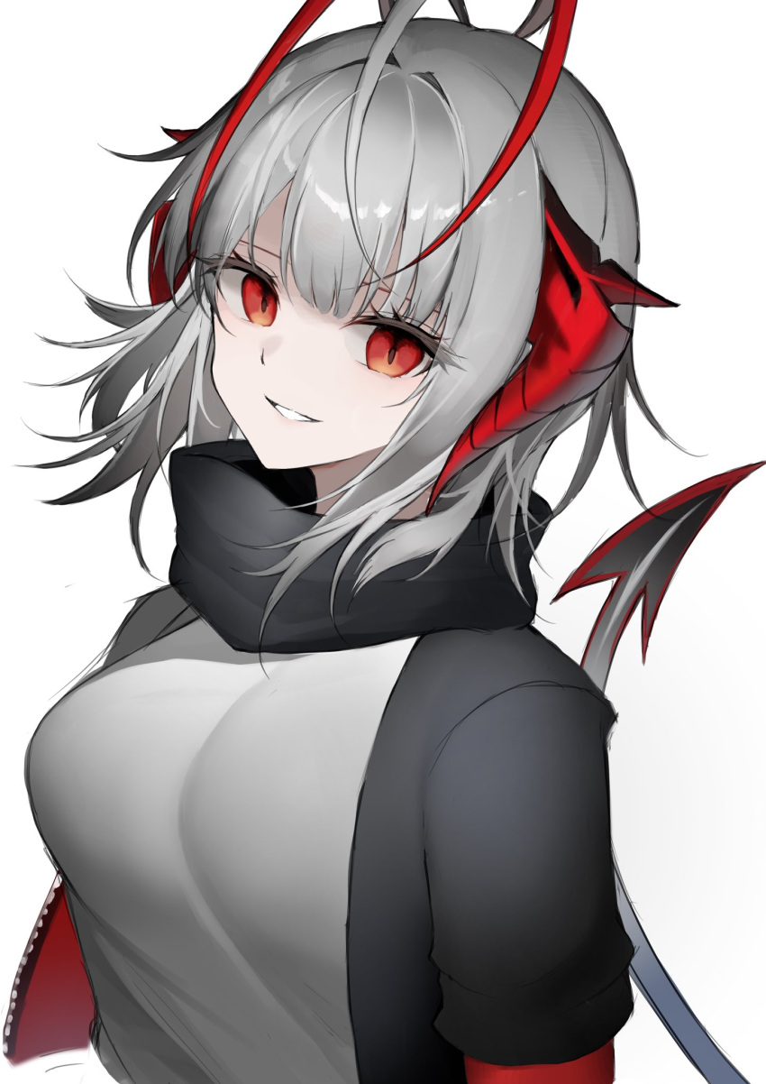 1girl antenna_hair arknights bangs black_jacket black_scarf blunt_bangs breasts demon_girl demon_horns demon_tail eyebrows_visible_through_hair grey_shirt highres horns hyakutarou_(momotar0_4) jacket large_breasts multicolored_hair open_clothes open_jacket parted_lips redhead scarf shirt short_hair silver_hair simple_background smile solo tail two-tone_hair w_(arknights) white_background