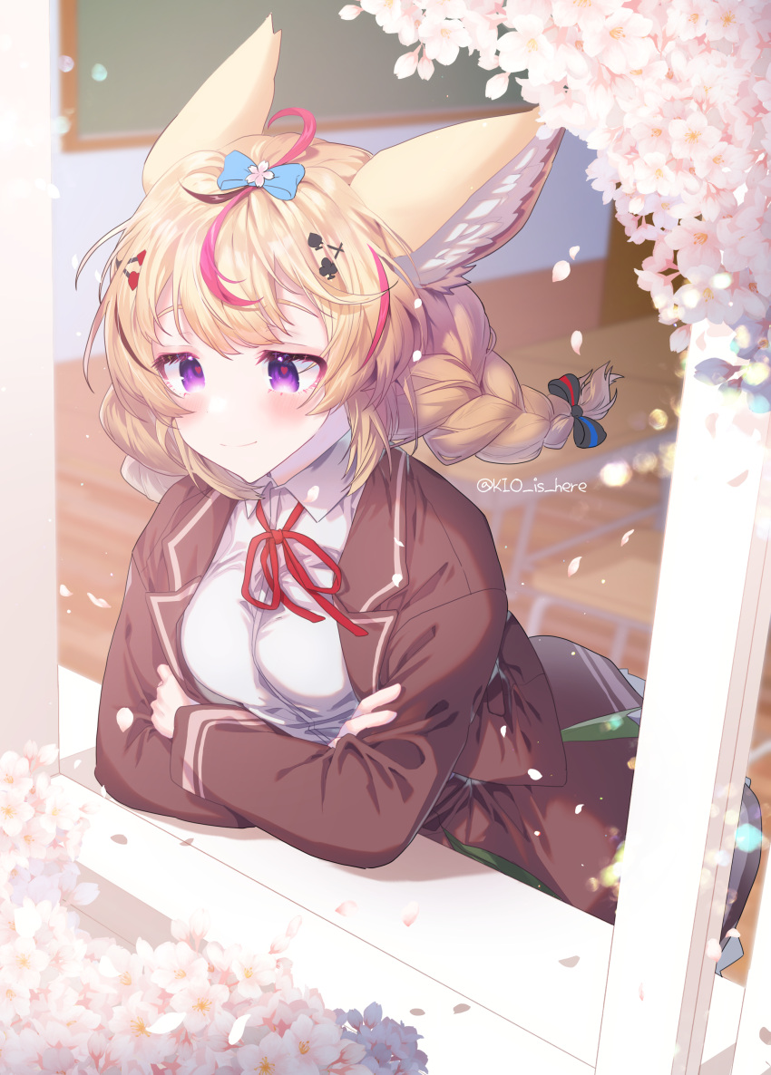 1girl absurdres against_window ahoge animal_ear_fluff animal_ears blonde_hair bow braid breasts brown_jacket club_hair_ornament collarbone flower fox_ears hair_bow hair_ornament heart heart-shaped_pupils heart_hair_ornament highres hololive jacket kio_is_here leaning_forward long_hair long_sleeves looking_at_viewer looking_away medium_breasts multicolored_hair neck_ribbon omaru_polka open_clothes open_jacket pink_flower pink_hair red_ribbon ribbon shirt solo spade_hair_ornament streaked_hair symbol-shaped_pupils twin_braids virtual_youtuber white_shirt x_hair_ornament