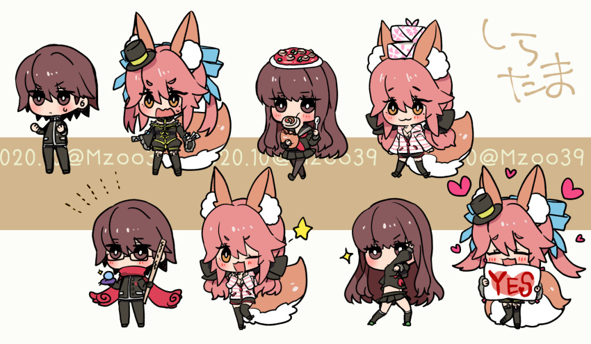 1boy 2girls :3 animal_ear_fluff animal_ears artist_name bangs blush brown_eyes brown_hair cake chibi clenched_hands closed_mouth commentary_request fate/extra fate/extra_ccc fate_(series) food fox_ears fox_girl fox_tail full_body glasses hair_between_eyes heart holding holding_pillow holding_spoon kishinami_hakuno_(female) kishinami_hakuno_(male) long_hair long_sleeves mapo_tofu multiple_girls multiple_persona mzoo39 one_eye_closed open_mouth orb pillow pink_hair pose red_scarf scarf school_uniform serafuku sidelocks smile split_ponytail spoon star_(symbol) sweatdrop swiss_roll tail talisman tamamo_(fate) tamamo_no_mae_(fate/extra) tamamo_no_mae_(sable_mage)_(fate) tamamo_no_mae_(spring_casual)_(fate) thigh-highs tsukumihara_academy_uniform_(fate/extra_ccc) twitter_username v-shaped_eyebrows yellow_eyes yes-no_pillow