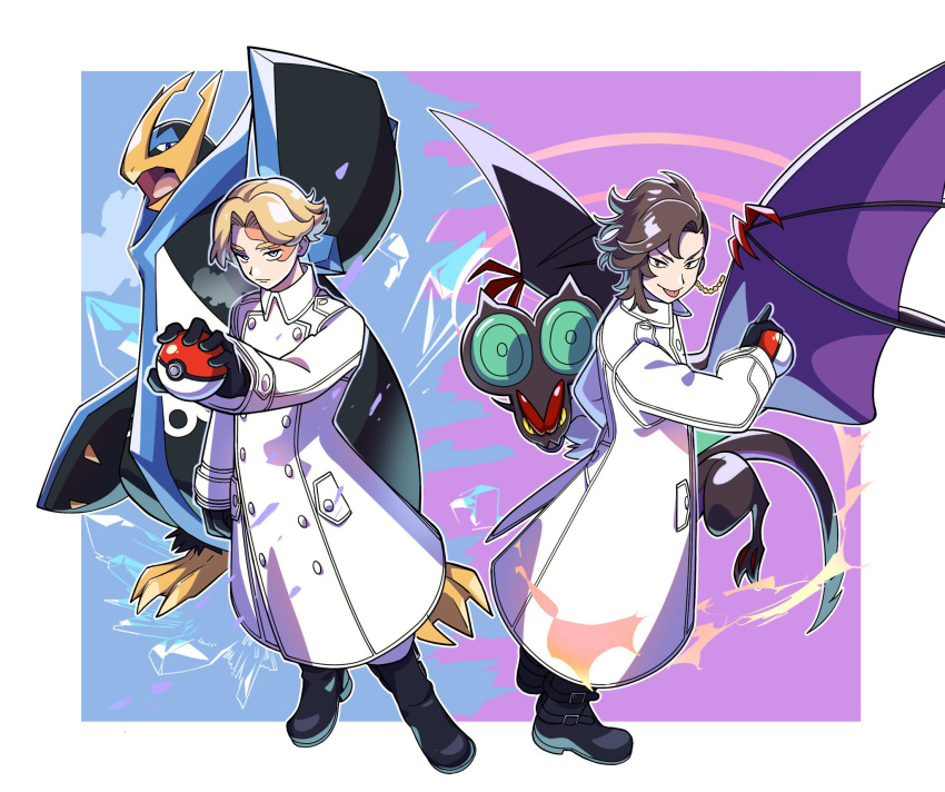 2boys :p asymmetrical_hair bird black_eyes black_footwear black_gloves black_hair blonde_hair boots burn_scar coat crossover empoleon full_body gloves highres holding holding_poke_ball inui_seishu kokonoi_hajime long_sleeves looking_at_viewer male_focus multiple_boys noivern penguin poke_ball pokemon pokemon_(creature) scar short_hair tokyo_revengers tongue tongue_out tsu_hanpen white_coat