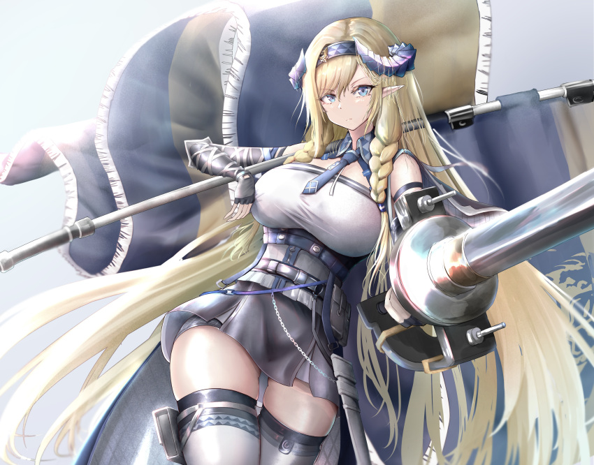 1girl absurdres arknights arm_strap bangs bare_shoulders black_skirt blonde_hair blue_eyes blue_hairband blue_necktie braid breasts commentary_request cowboy_shot elbow_gloves eyebrows_visible_through_hair fingerless_gloves flag foreshortening gloves hair_between_eyes hairband highres horns large_breasts long_hair looking_at_viewer miniskirt necktie partial_commentary pointy_ears poni_(poni_arknights) saileach_(arknights) shirt skirt solo standing thigh-highs thighs twin_braids very_long_hair white_legwear white_shirt