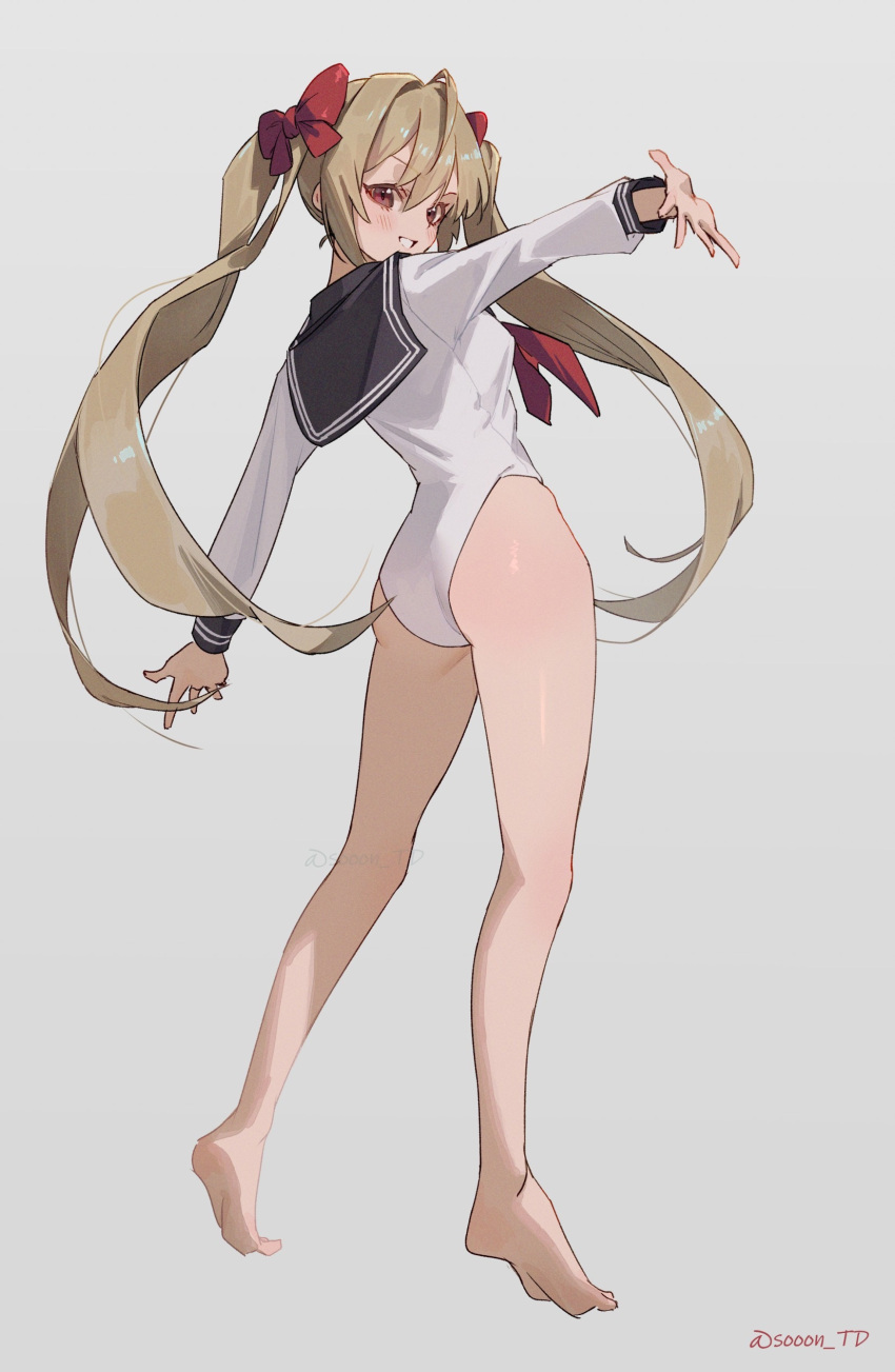 1girl absurdres adapted_costume ass barefoot black_sailor_collar blonde_hair from_behind full_body grey_background hair_ribbon highres leotard long_hair long_sleeves looking_at_viewer neckerchief original red_eyes red_neckerchief ribbon sailor_collar school_uniform serafuku solo sooon standing twintails white_leotard