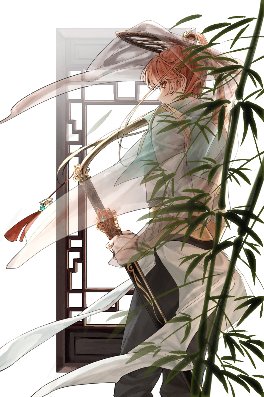 1boy alternate_hairstyle back bangs brown_eyes brown_hair chinese_clothes closed_mouth highres holding holding_sword holding_weapon long_hair long_sleeves looking_at_viewer looking_back luke_pearce_(tears_of_themis) sheath sheathed simple_background solo sword tears_of_themis vvvviio weapon white_background