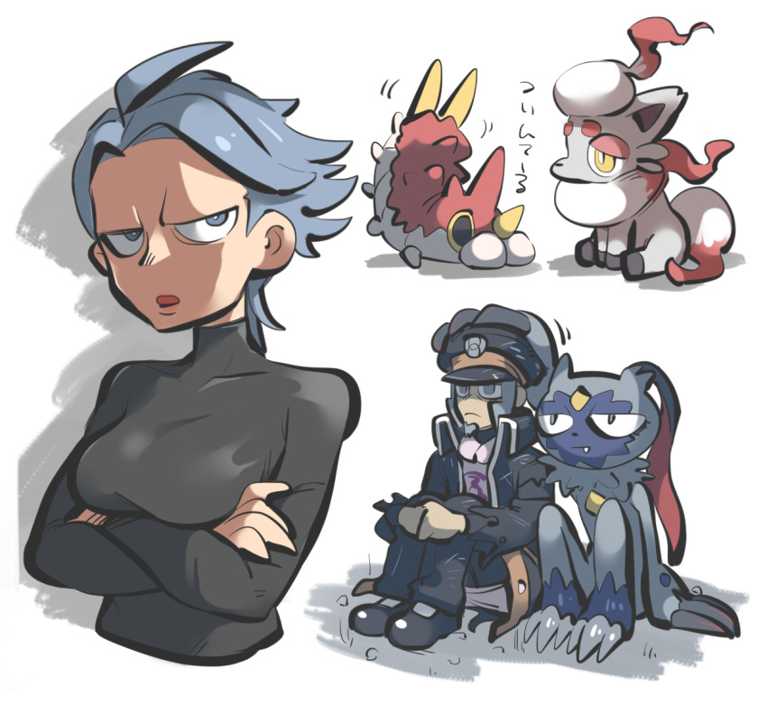 1boy 1girl ahoge black_coat black_footwear black_headwear black_pants black_shirt breasts bright_pupils coat commentary_request covered_collarbone crossed_arms cyllene_(pokemon) grey_eyes grey_hair hat high_collar hisuian_zorua ingo_(pokemon) long_sideburns pants peaked_cap pearl_clan_outfit pokemon pokemon_(creature) pokemon_(game) pokemon_legends:_arceus shirt shoes short_hair sideburns sitting sneasler tirarizun translation_request trench_coat white_pupils wurmple