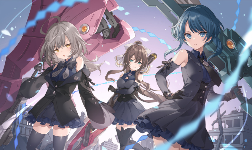 &gt;:( 3girls ahoge aizawa_kazuha aqua_eyes arm_at_side arm_under_breasts assault_lily bangs bare_shoulders black_bow black_bowtie black_gloves black_jacket black_legwear black_necktie blue_eyes blue_hair blue_shirt blurry blurry_foreground bow bowtie breasts brown_hair building buttons closed_mouth collared_shirt commentary_request corset detached_sleeves dress eyebrows_visible_through_hair frilled_skirt frills gloves grey_bow grey_bowtie grey_dress grey_hair grey_jacket grey_skirt grey_sleeves hair_between_eyes hair_bow hair_ornament hairclip hand_on_hip hand_up high_ponytail holding holding_weapon jacket layered_skirt leg_up light_particles long_hair long_sleeves looking_at_viewer medium_breasts medium_hair miniskirt mugen_factory multiple_girls necktie off_shoulder official_alternate_costume open_clothes open_jacket outdoors outstretched_arm over_shoulder parted_lips partially_unbuttoned pleated_dress pleated_skirt ponytail rubble ruins sasaki_ran serizawa_chikaru shirt short_dress sidelocks skirt sleeveless sleeveless_jacket sleeveless_shirt sleeves_past_fingers sleeves_past_wrists smile standing standing_on_one_leg thigh-highs underbust utility_pole v-shaped_eyebrows weapon weapon_over_shoulder white_bow yellow_eyes zettai_ryouiki
