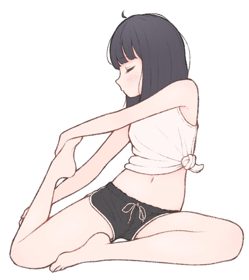 1girl 1ssakawaguchi ahoge armpit_peek bangs bare_arms bare_legs bare_shoulders barefoot black_hair black_shorts blunt_bangs blush closed_eyes closed_mouth dolphin_shorts drawstring eyebrows_visible_through_hair facing_to_the_side from_side full_body hand_on_own_foot hand_on_own_leg highres leg_up legs medium_hair midriff navel original outstretched_arms profile short_shorts shorts simple_background sitting sleeveless solo straight_hair stretch tank_top u_u white_background white_tank_top