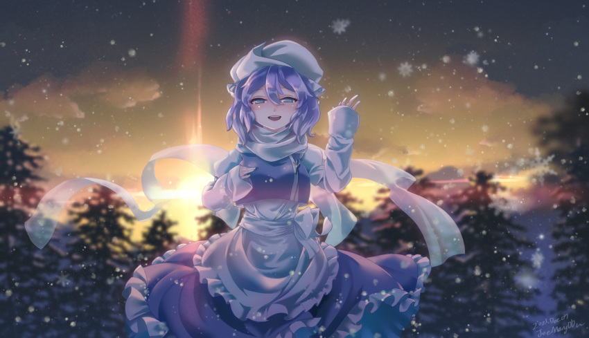 1girl :d apron artist_name blue_dress blue_eyes blue_hair blue_vest blush clouds commentary cowboy_shot dated dress dusk frilled_dress frills hair_between_eyes hand_on_own_chest hands_up hat highres lapel_pin lens_flare letty_whiterock long_sleeves looking_at_viewer noumin_joemanyodw open_mouth outdoors scarf shirt short_hair smile snowing solo teeth touhou tree upper_teeth vest waist_apron waving white_apron white_headwear white_scarf white_shirt winter