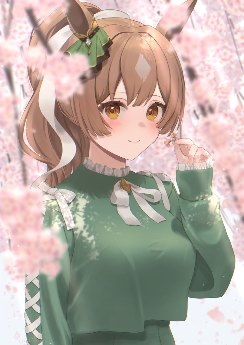 1girl absurdres animal_ears arm_at_side bangs blurry blush branch breasts brooch brown_eyes brown_hair cross-laced_clothes cross-laced_sleeves day depth_of_field diamond_(shape) ear_ribbon flower frilled_shirt_collar frills gem green_shirt hanazawa_ma hand_up highres holding holding_flower horse_ears horse_girl jewelry large_breasts long_hair long_sleeves looking_at_viewer nature neck_ribbon pink_flower plant ponytail ribbon satono_diamond_(umamusume) shirt shirt_overhang sidelocks sleeves_past_wrists smile solo umamusume white_ribbon