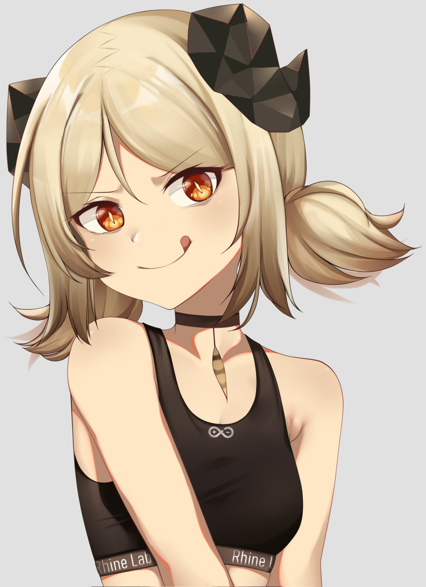 1girl :q arknights bangs bare_shoulders black_choker blonde_hair breasts choker commentary crop_top eyebrows_visible_through_hair grey_background head_tilt highres horns ifrit_(arknights) looking_at_viewer low_twintails orange_eyes rei_(riyanrei3) short_hair simple_background small_breasts smile solo sports_bra tongue tongue_out twintails upper_body