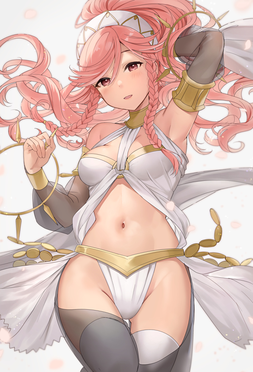 1girl armpits ballerina bangs bare_shoulders blush braid breasts fire_emblem fire_emblem_awakening hair_ornament haru_(nakajou-28) highleg highres lips long_hair looking_at_viewer medium_breasts navel o-ring olivia_(fire_emblem) open_mouth pink_hair revealing_clothes see-through shiny shiny_hair simple_background sleeveless smile solo stomach thigh-highs tied_hair white_background