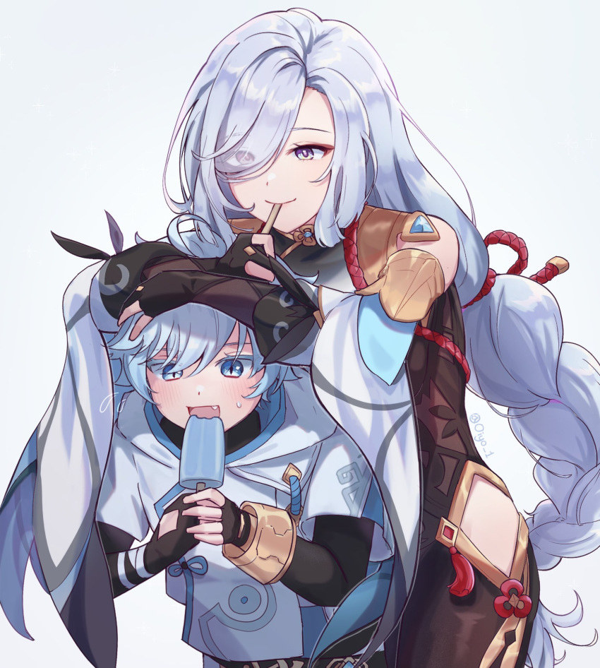 1boy 1girl bangs black_gloves blue_eyes blue_hair braid chongyun_(genshin_impact) commentary eyebrows_visible_through_hair eyes_visible_through_hair fang fingerless_gloves food genshin_impact gloves hair_over_one_eye hands_on_another's_head highres hip_vent light_blue_hair long_hair oiyo_1 open_mouth partially_fingerless_gloves popsicle shenhe_(genshin_impact) simple_background smile symbol-only_commentary very_long_hair violet_eyes white_background wide_sleeves