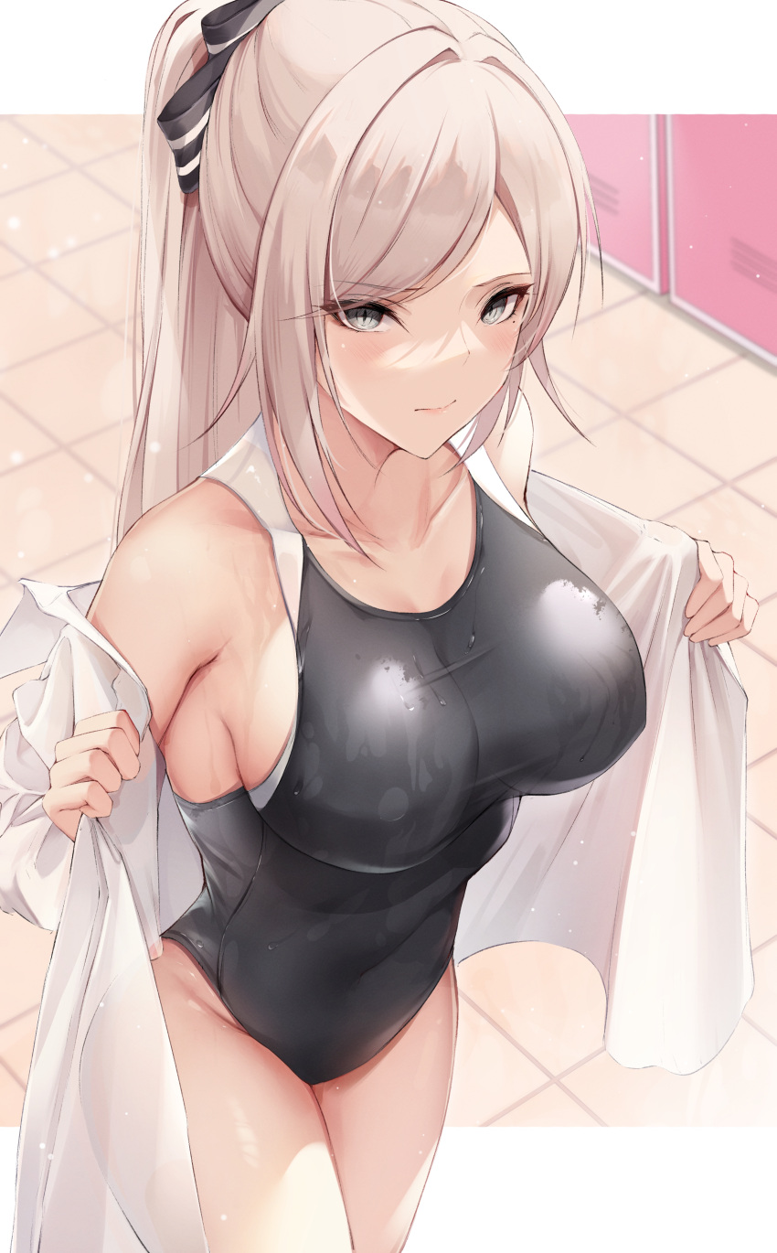1girl absurdres arms_up bangs black_ribbon black_swimsuit blonde_hair breasts closed_mouth collarbone competition_swimsuit grey_eyes hair_ribbon highres kisaki_oni large_breasts long_hair looking_at_viewer mole mole_under_eye one-piece_swimsuit original ponytail ribbon shirt sidelocks solo swept_bangs swimsuit thighs tile_floor tiles undressing wet wet_clothes wet_swimsuit white_shirt