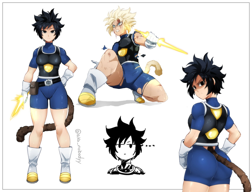 ... 1girl aka_nobodyy angry armor ass battle_damage black_eyes black_hair blonde_hair blue_eyes boots character_sheet clenched_teeth dragon_ball energy_blade expressionless from_behind full_body gloves highres monkey_tail multiple_views original saiyan short_hair spiky_hair standing super_saiyan tail teeth white_footwear white_gloves