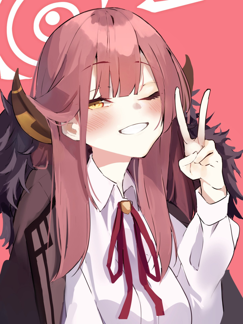 1girl aru_(blue_archive) blue_archive blush brown_horns coat collared_shirt demon_horns eyebrows_visible_through_hair fur-trimmed_coat fur_trim grin halo hand_up highres horns long_hair long_sleeves looking_at_viewer neck_ribbon one_eye_closed open_clothes open_coat pink_hair red_background red_coat red_ribbon ribbon shirt simple_background smile solo tsushi upper_body v white_shirt yellow_eyes