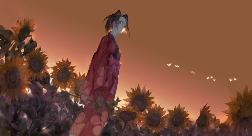 arm_at_side backlighting bow brown_eyes brown_hair bug butterfly day feet_out_of_frame field flower flower_field from_below from_side frown fuu_(samurai_champloo) glowing_butterfly holding holding_flower japanese_clothes kimono long_sleeves looking_afar nature outdoors pink_bow pink_kimono ponytail samurai_champloo sky solo standing starstruckdon sunflower sunlight