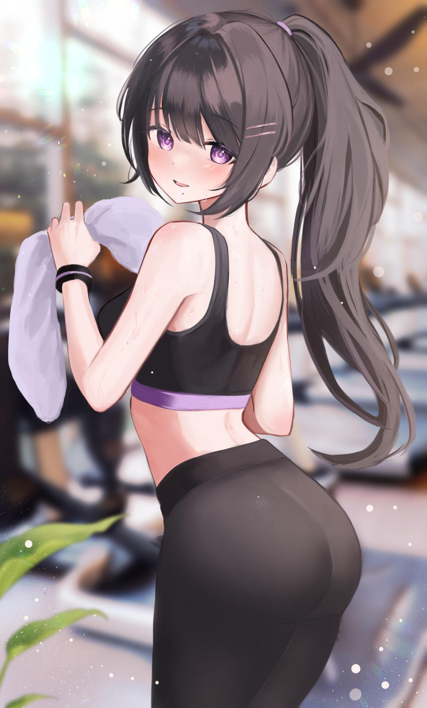 1girl absurdres ass bangs bare_shoulders black_hair blurry blurry_background blush breasts cowboy_shot eyebrows_visible_through_hair gym highres holding holding_towel kimu_(yyhhoo23232) long_hair looking_at_viewer looking_back medium_breasts midriff mole mole_under_mouth open_mouth original pants ponytail smile solo sports_bra sportswear sweat towel treadmill violet_eyes wristband yoga_pants