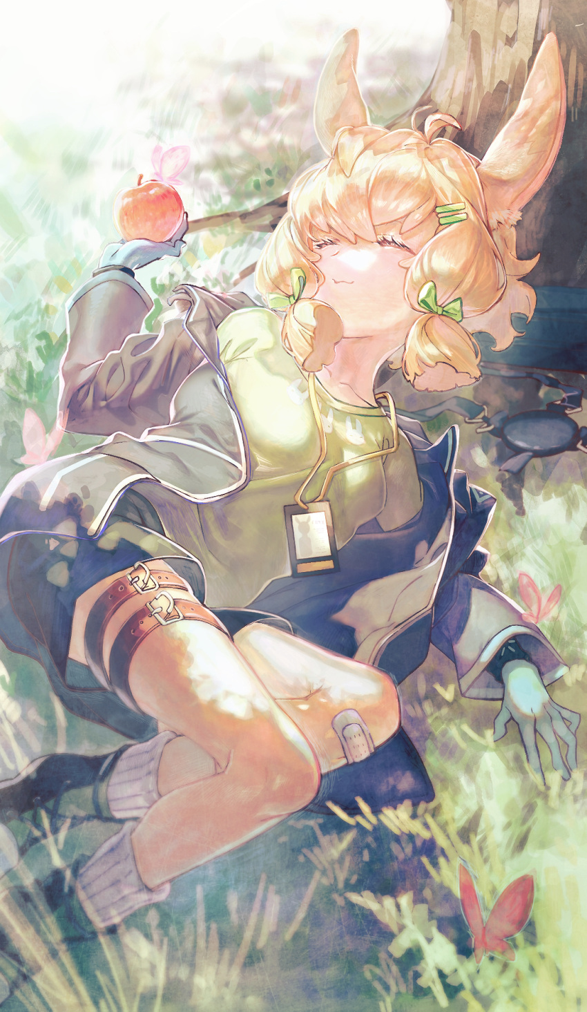 1girl :3 ahoge apple arknights bandaid bandaid_on_knee bandaid_on_leg black_footwear black_jacket black_wristband blonde_hair blue_gloves bow breasts bug butterfly closed_eyes collarbone food fruit gloves grass green_bow green_shirt hair_bow hair_ornament hairclip highres holding holding_food holding_fruit id_card infection_monitor_(arknights) jacket kroos_(arknights) lanyard lying motiko on_side open_clothes open_jacket outdoors shirt shoes short_hair short_twintails small_breasts socks solo tree twintails white_legwear