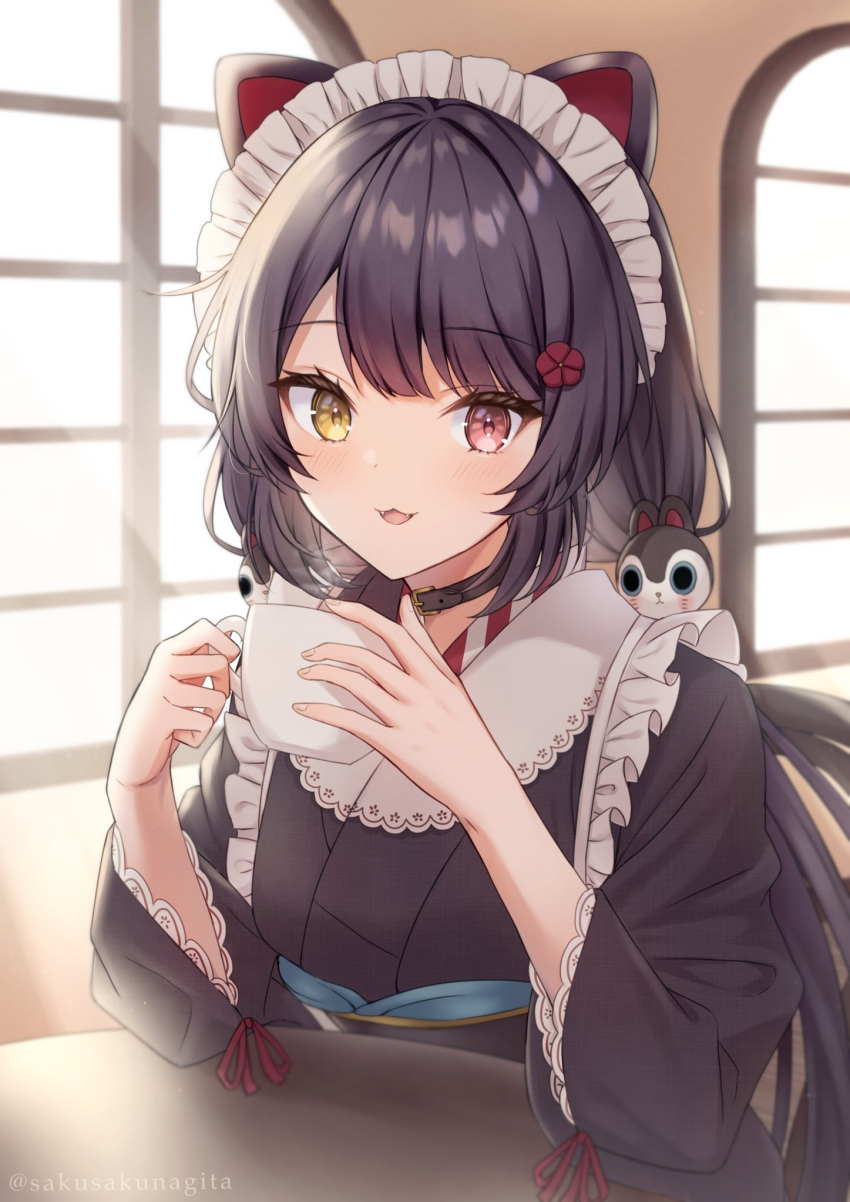 1girl animal_collar animal_ears brown_hair brown_kimono cafe cerberus collar commentary cup eyebrows_visible_through_hair fangs hair_ornament heterochromia highres holding holding_cup inui_toko japanese_clothes kimono long_hair low_twintails maid maid_headdress namin_(namin1317) nijisanji red_eyes red_ribbon ribbon smile solo sunlight table twintails virtual_youtuber wa_maid window yellow_eyes
