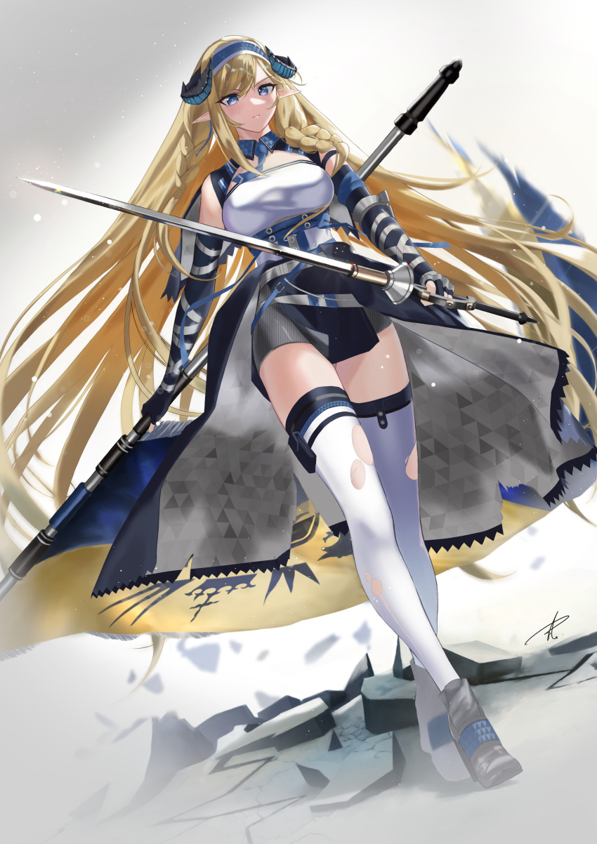 1girl absurdres arknights bangs bare_shoulders black_gloves black_skirt blonde_hair blue_eyes blue_hairband blue_necktie braid breasts commentary_request crossed_legs elbow_gloves flag gloves hairband highres holding holding_flag holding_sword holding_weapon horns large_breasts long_hair looking_at_viewer miniskirt necktie partial_commentary pointy_ears rapier saileach_(arknights) shirt skirt solo standing sword thigh-highs torn_clothes torn_legwear twin_braids very_long_hair watson_cross weapon white_legwear white_shirt yaba_(yabababa500) zettai_ryouiki