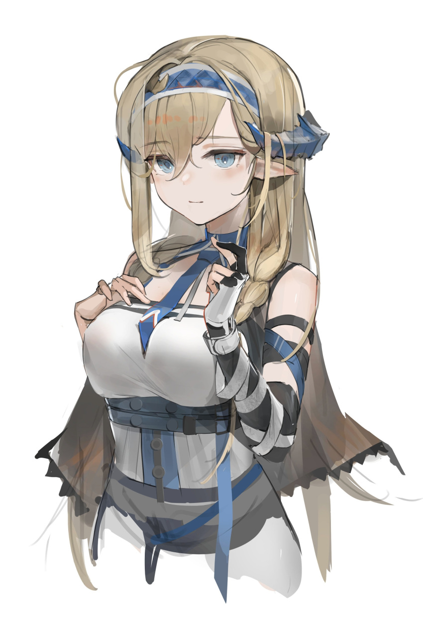 1girl absurdres arknights arm_strap bare_shoulders blonde_hair blue_eyes blue_hairband blue_necktie breasts commentary elbow_gloves gloves hairband highres horns large_breasts necktie pointy_ears saileach_(arknights) sakasa shirt simple_background solo upper_body white_background white_shirt