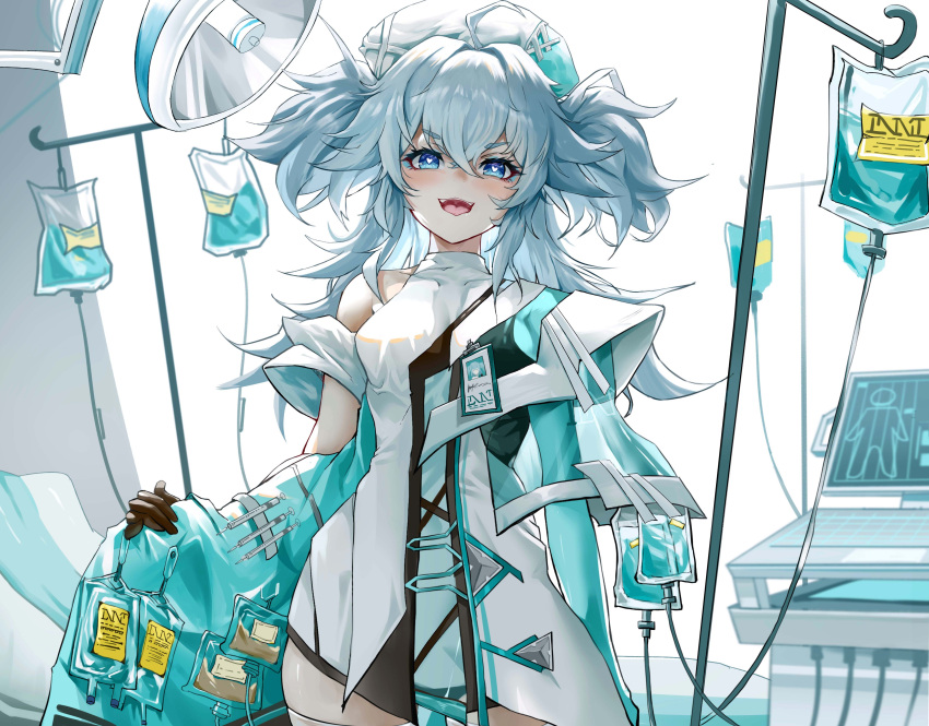 1girl absurdres aqua_gloves bag bangs black_gloves blue_eyes blush breasts di_qi_gang_guang elbow_gloves eyebrows_visible_through_hair girls'_frontline_neural_cloud girls_frontline gloves hat heart heart-shaped_pupils highres holding holding_bag id_card light_blue_hair long_hair looking_at_viewer multicolored_clothes multicolored_gloves nurse nurse_cap open_mouth pa-15_(girls'_frontline) simple_background smile solo standing symbol-shaped_pupils teeth twintails upper_teeth