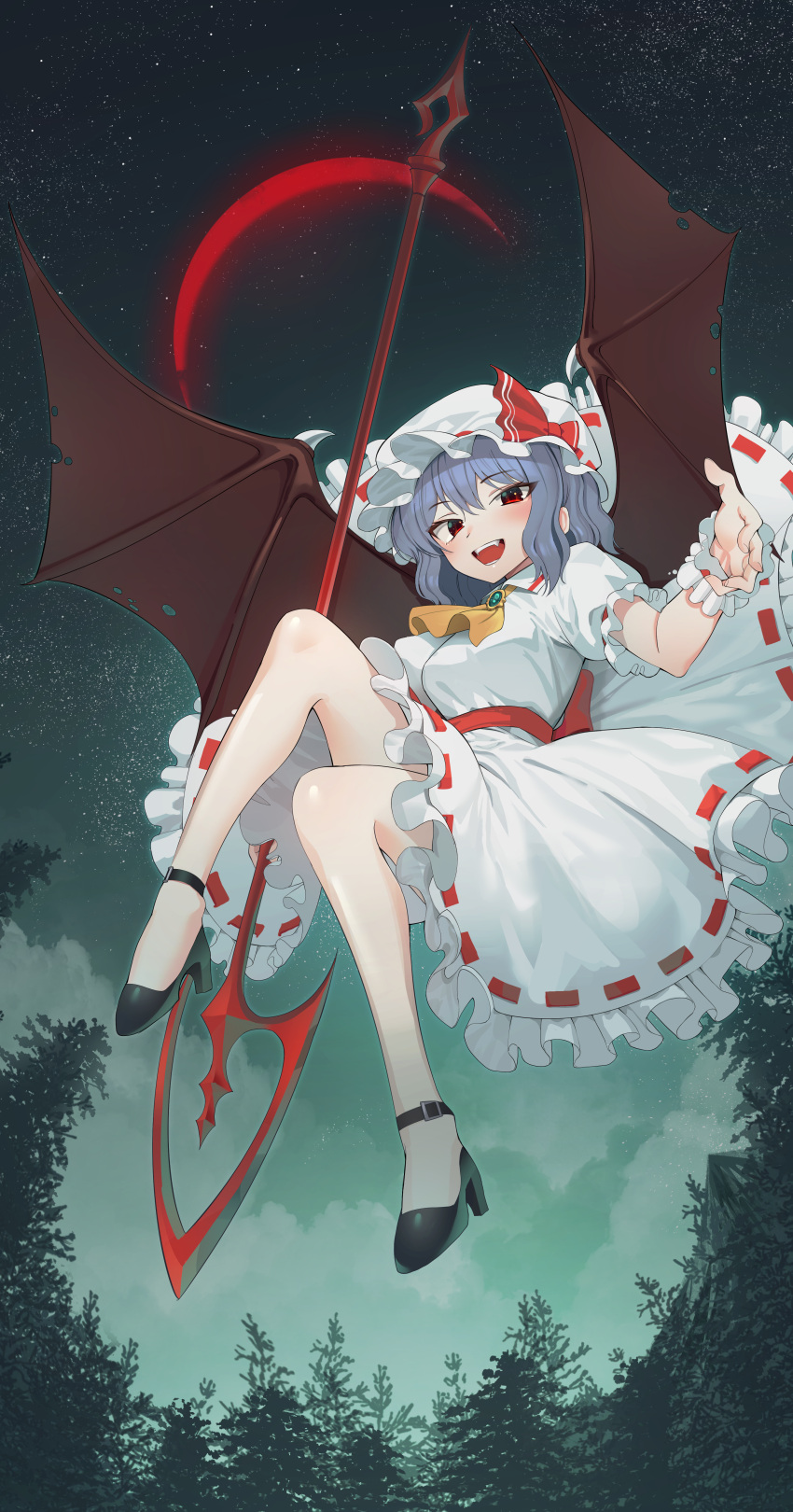 1girl absurdres ascot bat_wings black_footwear blue_hair blush crescent_moon dress eyebrows_visible_through_hair goback hair_between_eyes hat high_heels highres mob_cap moon open_mouth orange_ascot polearm puffy_short_sleeves puffy_sleeves red_eyes red_moon remilia_scarlet short_hair short_sleeves solo spear spear_the_gungnir star_(sky) touhou weapon white_dress white_headwear wings wrist_cuffs