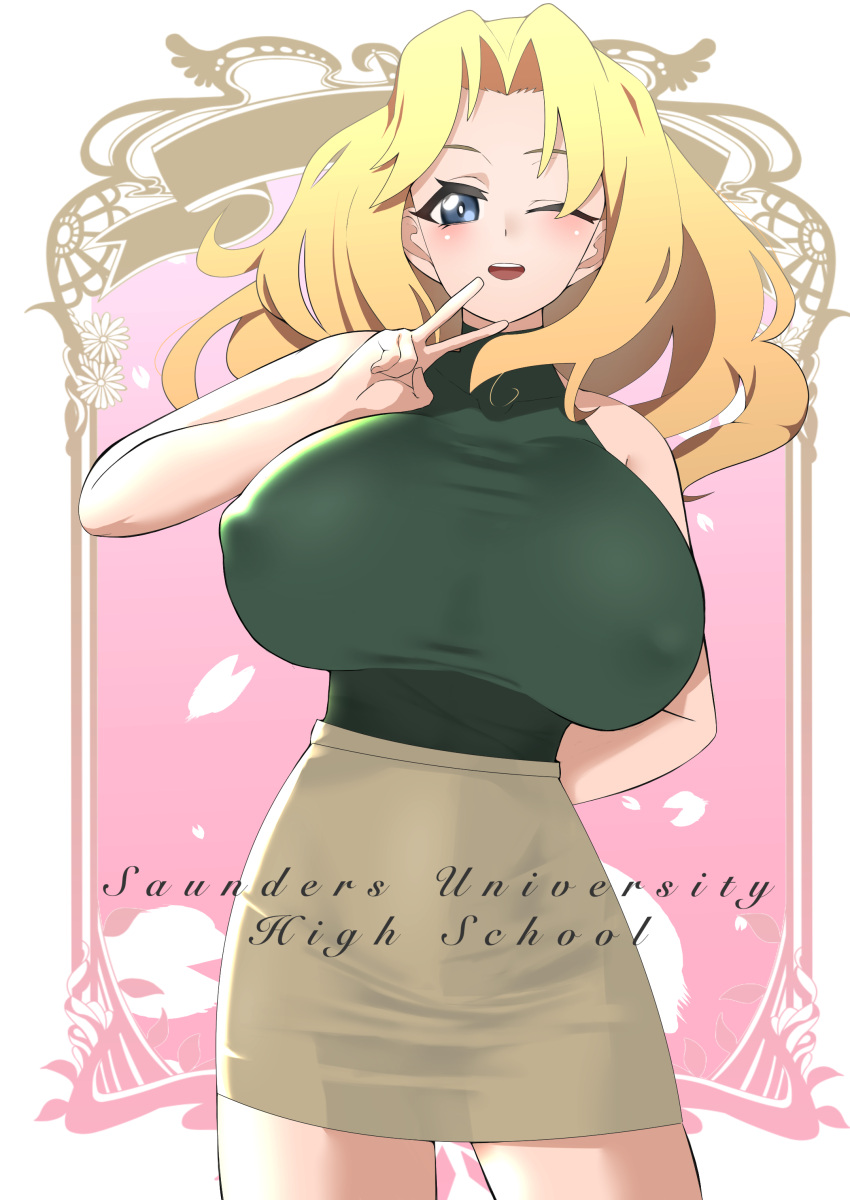 1girl absurdres alternate_costume arm_behind_back bare_shoulders blonde_hair blue_eyes breasts contrapposto covered_nipples cowboy_shot english_text forehead girls_und_panzer green_shirt hair_intakes highres huge_breasts kay_(girls_und_panzer) long_hair looking_at_viewer miniskirt one_eye_closed open_mouth pencil_skirt shirt shirt_tucked_in shita_(yagisauce_07) skirt sleeveless sleeveless_shirt smile solo tan_skirt taut_clothes taut_shirt turtleneck v