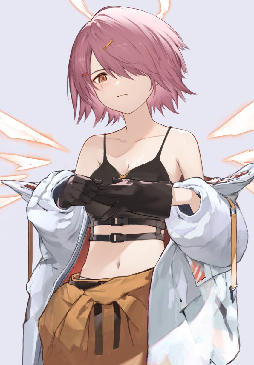 1girl aizawa_masaya alternate_costume arknights bangs bare_shoulders black_gloves blush breasts brown_eyes brown_pants camisole cleavage_cutout clothing_cutout collarbone commentary_request crop_top exusiai_(arknights) gloves grey_background hair_ornament hair_over_one_eye hairclip halo highres jacket long_sleeves looking_at_viewer midriff navel off_shoulder pants pink_hair short_hair simple_background small_breasts solo spaghetti_strap stomach upper_body white_jacket