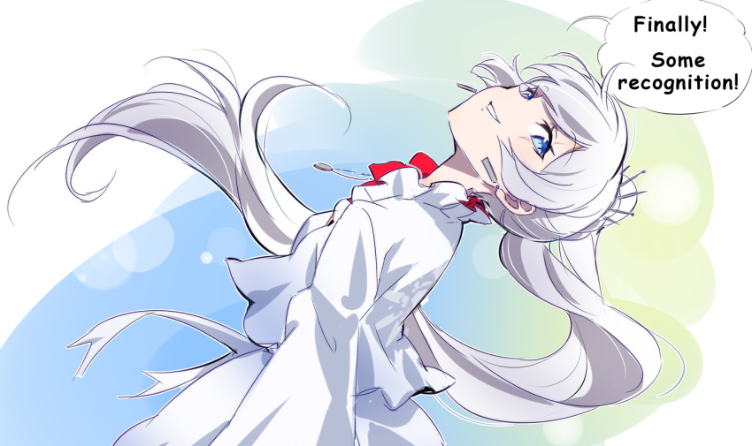 1girl bare_back blue_eyes company_connection dress head_tilt iesupa long_hair looking_back ponytail rwby scar scar_across_eye shaft_look smile strapless strapless_dress weiss_schnee white_dress white_hair