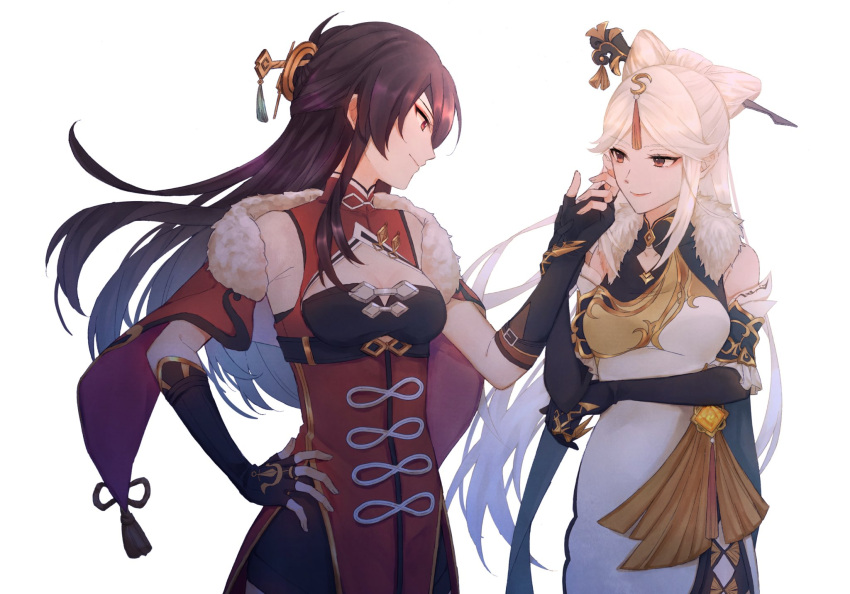 2girls bare_shoulders beidou_(genshin_impact) breasts brown_eyes brown_hair china_dress chinese_clothes claw_ring dress eyepatch finger_to_cheek genshin_impact hair_ornament hair_stick hair_tassel hairpin hand_on_hip highres large_breasts long_hair looking_at_another moti2k1 multiple_girls ningguang_(genshin_impact) one_eye_covered red_eyepatch red_eyes smile standing tassel vision_(genshin_impact) white_background white_hair