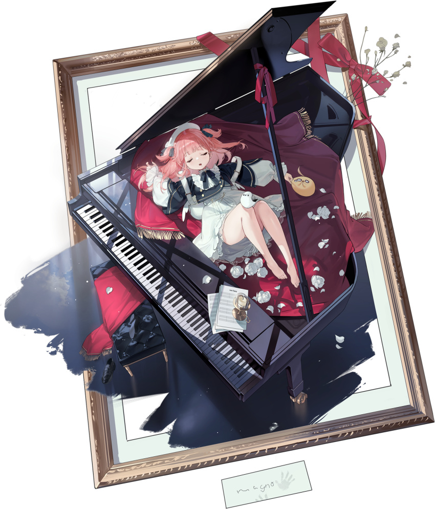 1girl artist_request azur_lane barefoot candle closed_eyes drooling flower grand_piano green_eyes hair_ornament highres instrument lying manjuu_(azur_lane) official_alternate_costume official_art on_back on_piano open_mouth petals piano pink_hair pompeo_magno_(azur_lane) pompeo_magno_(quaver_daydream)_(azur_lane) rose rose_petals sheet_music sleeping transparent_background two_side_up white_headwear