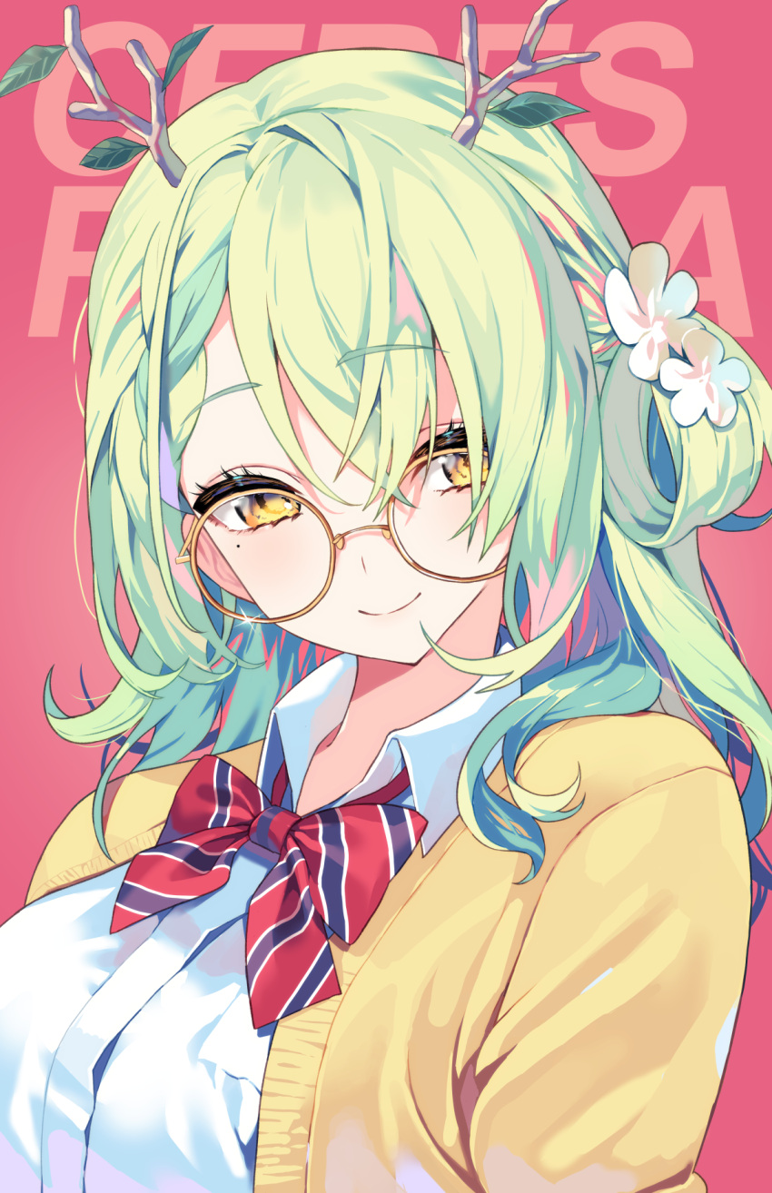 1girl antlers bangs bow bowtie cardigan ceres_fauna character_name closed_mouth collared_shirt commentary eyebrows_visible_through_hair flower glasses green_hair hair_flower hair_ornament highres hololive hololive_english long_hair looking_at_viewer mole mole_under_eye official_alternate_costume one_side_up open_cardigan open_clothes parfait_(ryunghu) red_background round_eyewear school_uniform shirt smile solo striped striped_bow striped_bowtie upper_body virtual_youtuber white_flower white_shirt yellow_cardigan yellow_eyes yogurt_(yott_parfait)